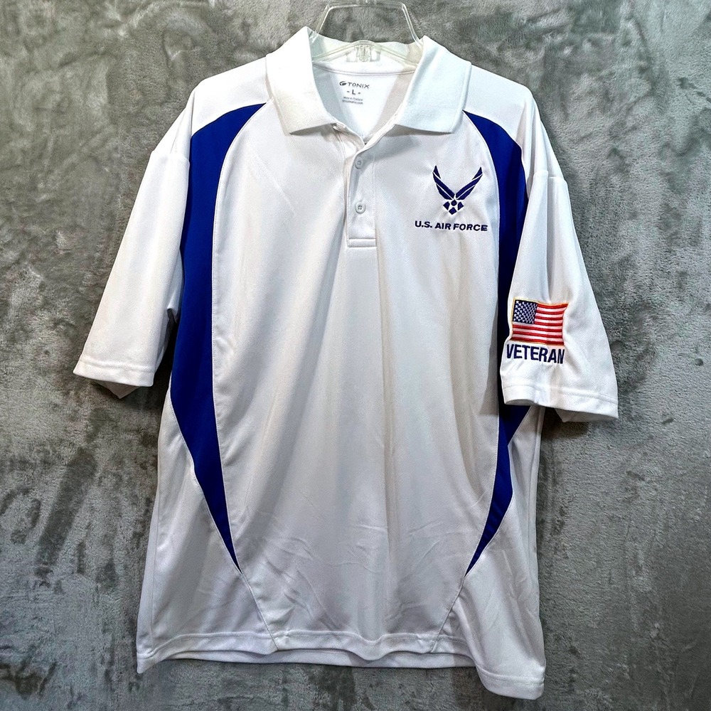 Tonix Mens US Air Force Veteran Patch Polo Shirt White Blue Embroidered Large L